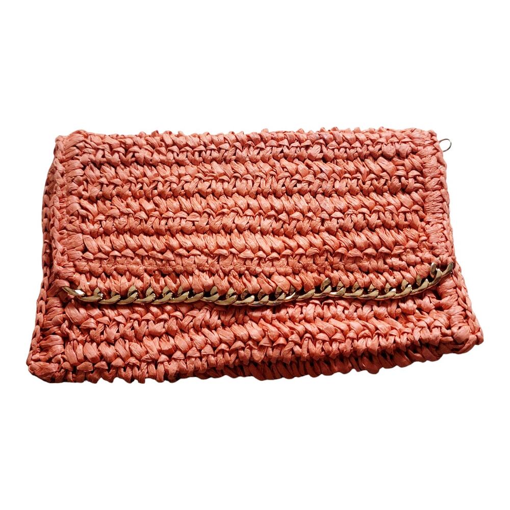 H & M Women's Orange Straw Woven Magnetic Clutch‎ Zip Fold Over Purse 9"